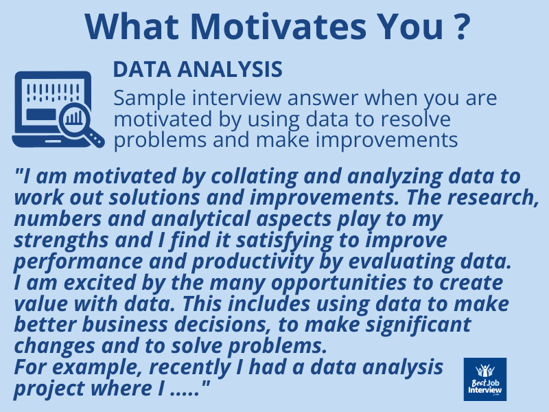 Text sample interview answer to What Motivates You, describing data analysis as your motivation